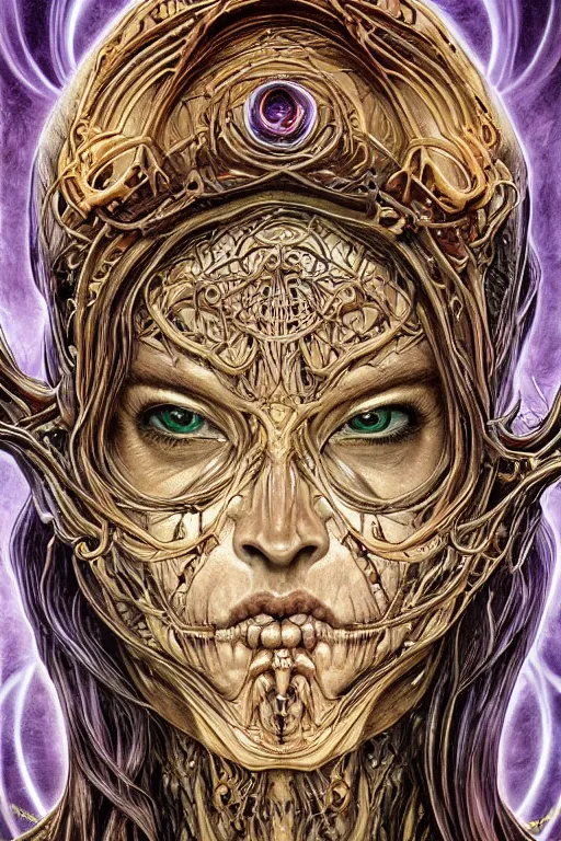 Image similar to Elden Ring and Doom themed painting of majestic chromatic biomechanical anatomical human hybrid beautiful ethereal angel symmetrical neutral mask closeup face tattoo pattern golden ratio concept, Neo-Gothic concept, infinity glyph waves, intricate artwork masterpiece, very coherent artwork, cinematic, full frontal facial features by Artgerm, art by H.R. Giger, Takato Yamamoto, Zdizslaw Beksinski, Johnatan Wayshak, Moebius, Ayami Kojima, very anatomically coherent artwork, trending on cgsociety, ultra high quality model, production quality cinema model, high detail chromatic ink outline, octane render, unreal engine 8k, hyper realism, high detail, octane render, unreal engine, 8k, High contrast