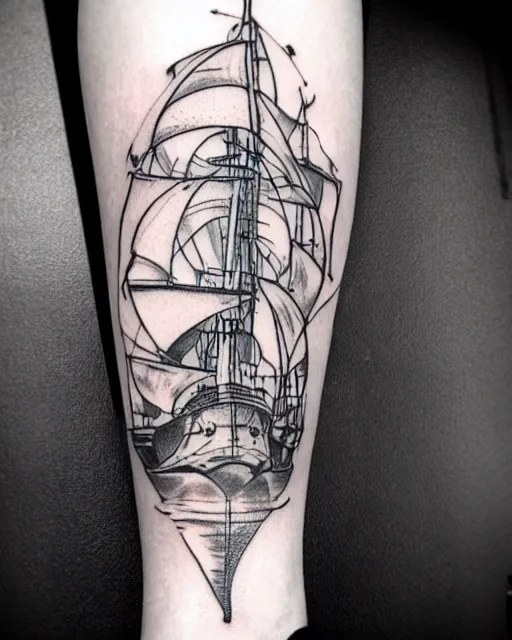 Image similar to A tattoo design on paper of a pirate ship, on paper, black and white, highly detailed tattoo, realistic tattoo, realism tattoo