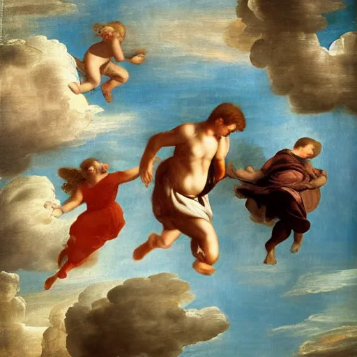 Image similar to running and falling on clouds, 4k, post-processing, detailed, Renaissance painting