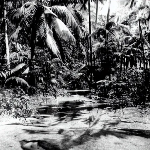 Image similar to a rizom lost film footage of a - - - - 3 d shape - - - - - in the middle of the tropical jungle / tropicalism / tropicalism / tropicalism / film still / cinematic / enhanced / 1 9 2 0 s / black and white / grain