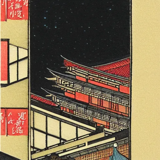 Image similar to a picture of a building that is lit up at night, an art deco painting by yoshida hanbei, pinterest, shin hanga, ukiyo - e, 1 9 9 0 s, 1 9 7 0 s