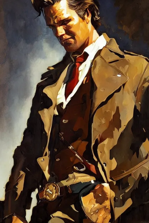 Image similar to arthur morgan, painting by jc leyendecker!! phil hale!, angular, brush strokes, painterly, vintage, crisp