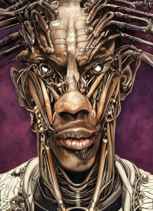 Prompt: Travis Scott by Yoshitaka Amano, by HR Giger, biomechanical, profile portrait, 4k, wide ayes, hyper detailed, hyperrealism, anime