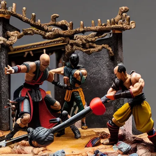 Image similar to photo of figma figures inside a diorama, depicting the fighters of mortal kombat brutally fighting each other inside a shaolin temple.