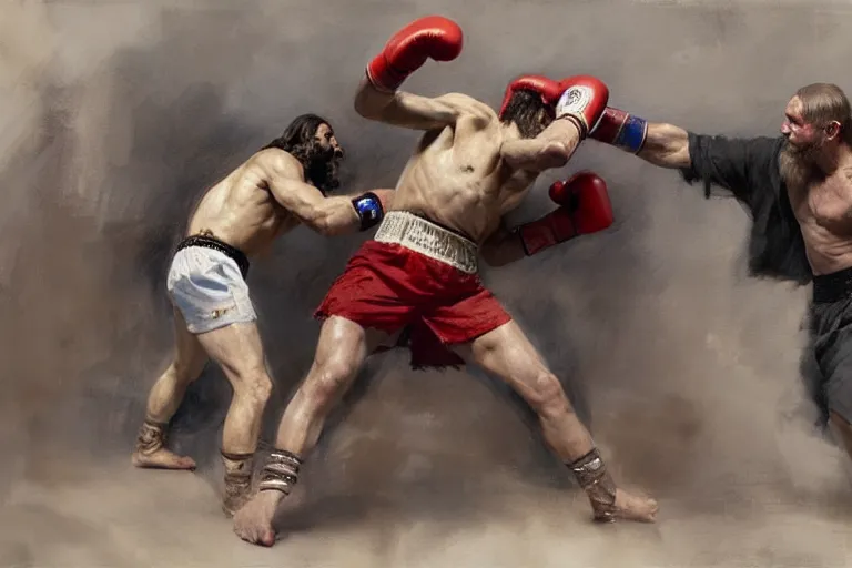 Prompt: ancient, jesus christ boxing with vladimir putin, fist fight, detailed faces, in battle by anders zorn, wonderful masterpiece by greg rutkowski, beautiful cinematic light, by greg manchess, jessica rossier