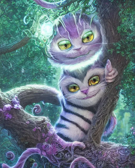 Image similar to an adorable cheshire cat asleep in a tree | highly detailed | very intricate | symmetrical | whimsical and magical | soft cinematic lighting | award - winning | closeup portrait | wonderland | painted by donato giancola and paul lehr and ross tran | pastel color palette | featured on artstation