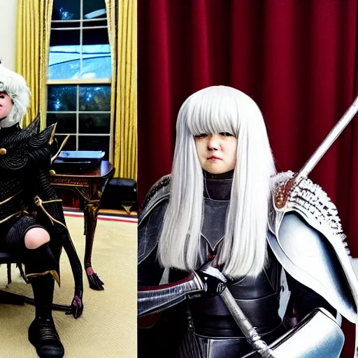 Image similar to a person cosplaying griffith from berserk by kentaro miura sitting at oval office desk with american flag