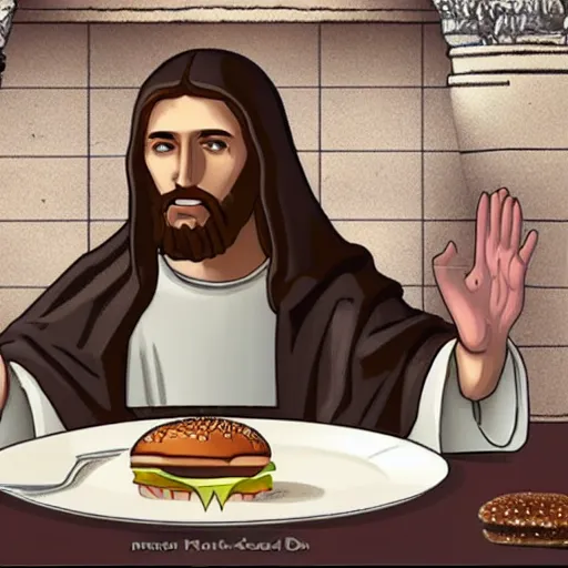 Image similar to jesus of nazareth eating at burger king