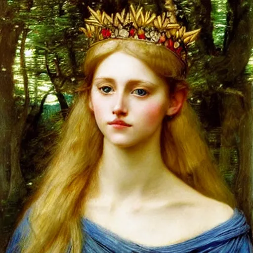 Image similar to portrait of a blue eyed, blonde haired crowned queen of summer with light elvish overtones and a forest background by John WIlliam Waterhouse