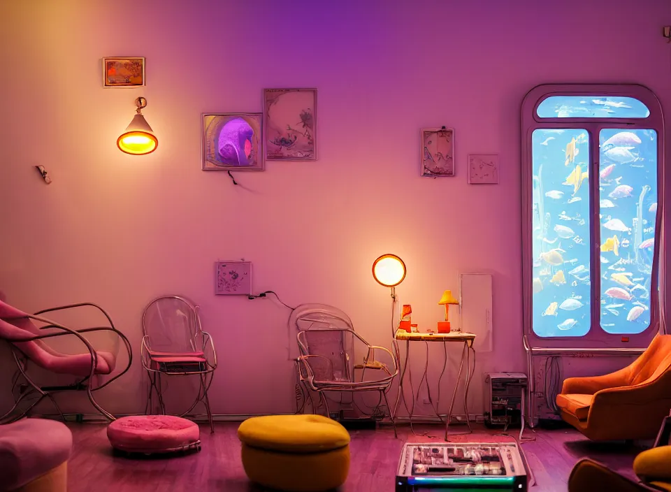 Prompt: telephoto 7 0 mm f / 2. 8 iso 2 0 0 photograph depicting the feeling of chrysalism in a cosy cluttered french sci - fi ( art nouveau ) cyberpunk apartment in a pastel dreamstate art cinema style. ( aquarium, computer screens, window ( city ), led indicator, lamp ( ( ( armchair ) ) ) ), ambient light.