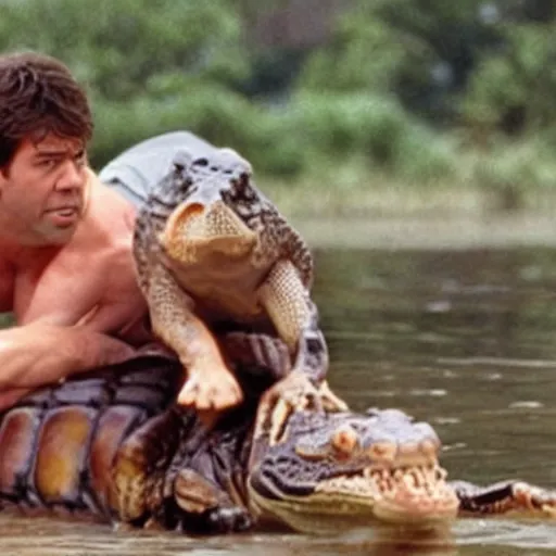 Prompt: jim halpert wrestling an alligator 8 0 s movie still action