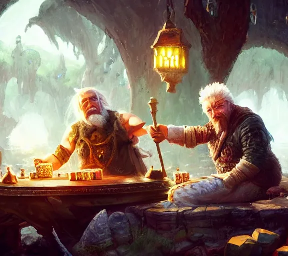 Prompt: fantasy dice gambling with a white haired dwarf on the riverside, oil painting, greg rutkowski, highly detailed, colorful, dramatic lighting, cinematic composition,