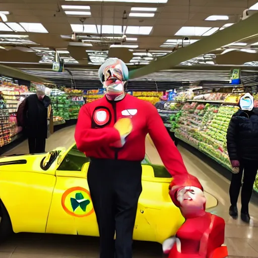 Prompt: bruce forsyth with a ray gun in morrisons in the style of the incredibles