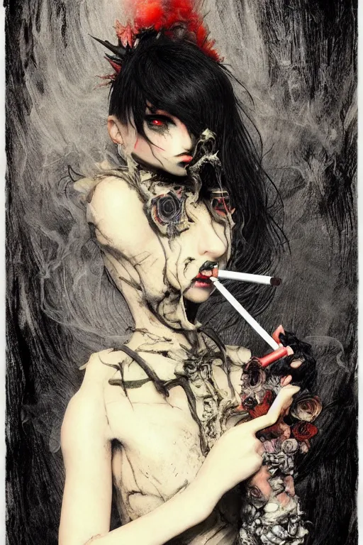 Image similar to Gothic girl smoking a cigarette, dark background. digital art. amazing quality. perfect lighting. Professional design. Great composition. by Ayami Kojima and Tomoyuki Yamasaki and Tsutomu Nihei, octane render, award winning art. impressive colors. trending on artstation. James Ensor style