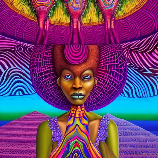 Prompt: a regal and fearsome african queen with a colorful afro sitting in a cabana near a large steampunk pyramid near a pink river with a large glowing baobab tree, by amanda sage and alex grey and evgeni gordiets in a surreal psychedelic style, oil on canvas 8k, hd