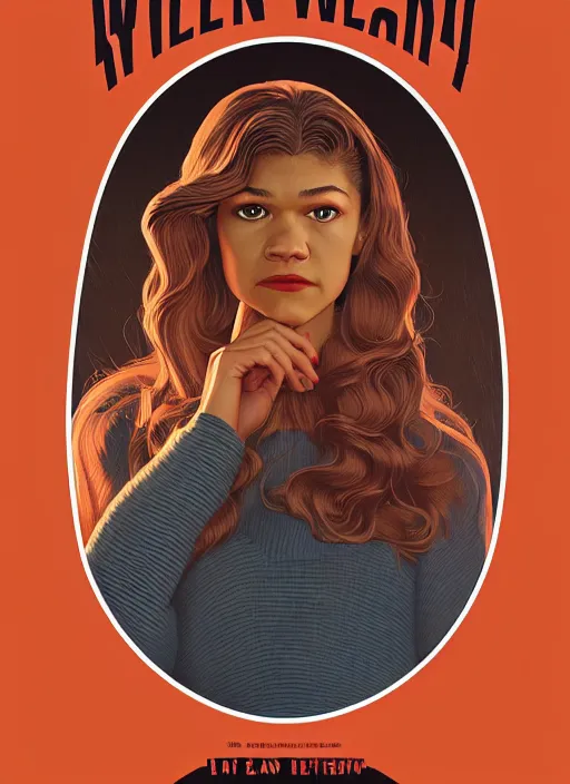 Image similar to twin peaks movie poster art, portrait of zendaya, from scene from twin peaks, clean, simple illustration, nostalgic, domestic, highly detailed, digital painting, artstation, concept art, smooth, sharp focus, illustration, artgerm, donato giancola, joseph christian leyendecker, wlop