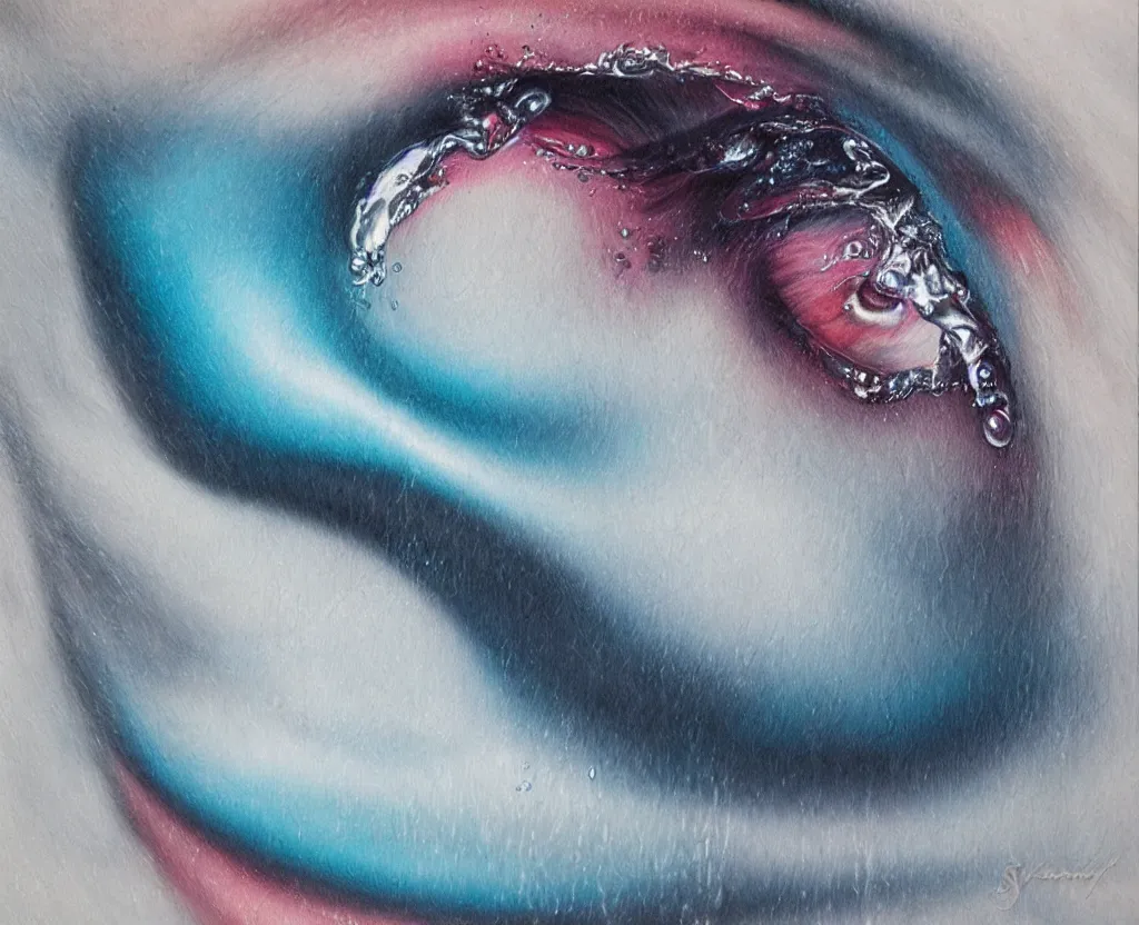 Image similar to realistic and detailed soft airbrush of a glossy drop of water sinuously dripping over a white background, inspired by 8 0's airbrush illustrations, art by pater sato