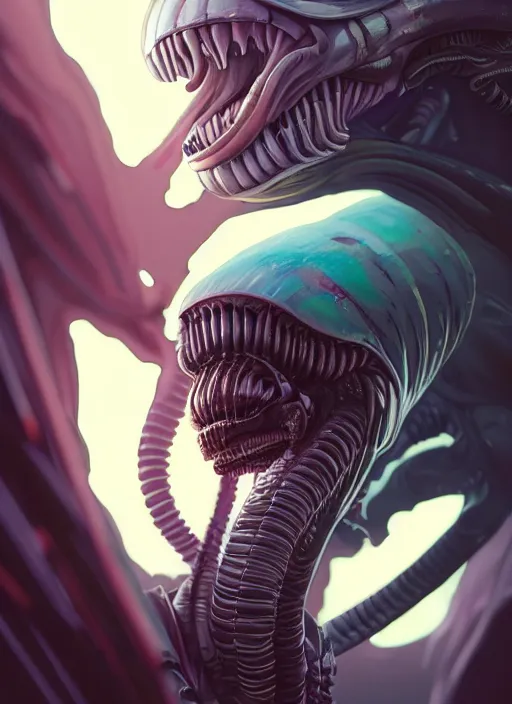 Image similar to highly detailed portrait of xenomorph, stephen bliss, unreal engine, greg rutkowski, loish, rhads, beeple, makoto shinkai and lois van baarle, ilya kuvshinov, rossdraws, tom bagshaw, alphonse mucha, global illumination, god rays, detailed and intricate environment