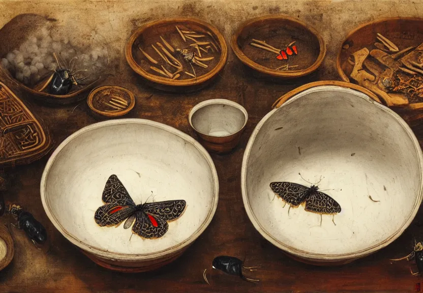 Prompt: a china bowl filled with leeches and grubs, there are butterflies everywhere, reclaimed lumber, detailed and intricate environment, place setting, clouds of smoke, hyperrealism, food photography, rembrandt