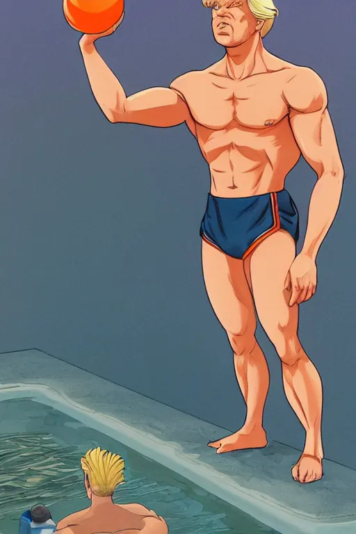 Image similar to a handsome man with blonde hair who is also a male android, ken, donald trump, muscular, wearing a cut-off white tank top and short light orange shorts, stands by a swimming pool, facing forward, in the style of artgerm and moebius and annie liebovitz, photorealistic, highly detailed