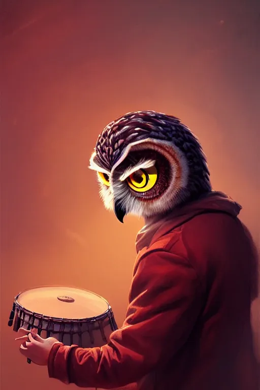 Image similar to portrait of an anthropomorphic owl playing the drums, dramatic lighting, highly detailed, digital painting, artstation, concept art, smooth, sharp focus, illustration, art by wlop, mars ravelo and greg rutkowski