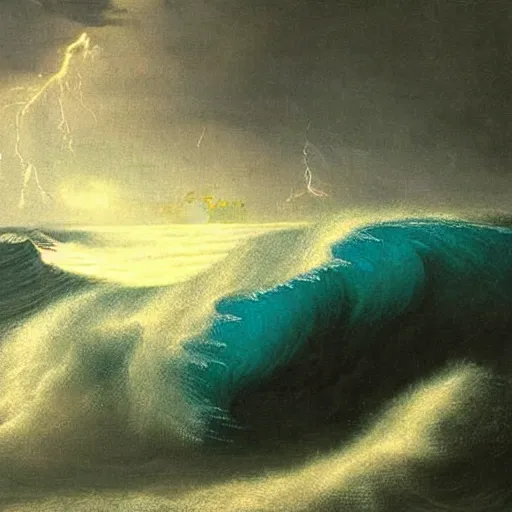 Prompt: giant ocean wave in a thunder storm with a ship fighting through the waves