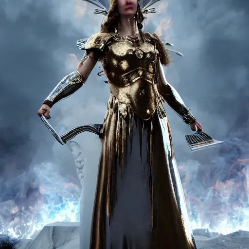 Prompt: Absolutely gorgeous greek goddess of fashion and fire, she is smithing the most metal armour for the olympian gods, cinematic lighting, high quality 8k hd, oil on canvas, hyperralistic art