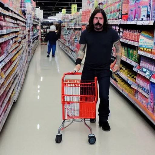 Prompt: dave grohl shopping for tampons at walmart
