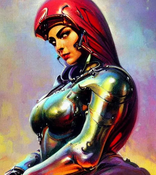 Prompt: portrait of strong iranian female chaos angel, beautiful! coherent! by frank frazetta, by brom, strong line, vivid neon color, shining metal power armor, iron helm, high contrast, maximalist