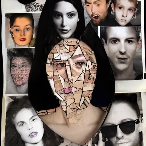 Image similar to a collage made out of fragments of printed images taken from online , fashion magazines, and family photographs all coming together to form hybrid faces with twisted features in the Dadaesque style, mixed media