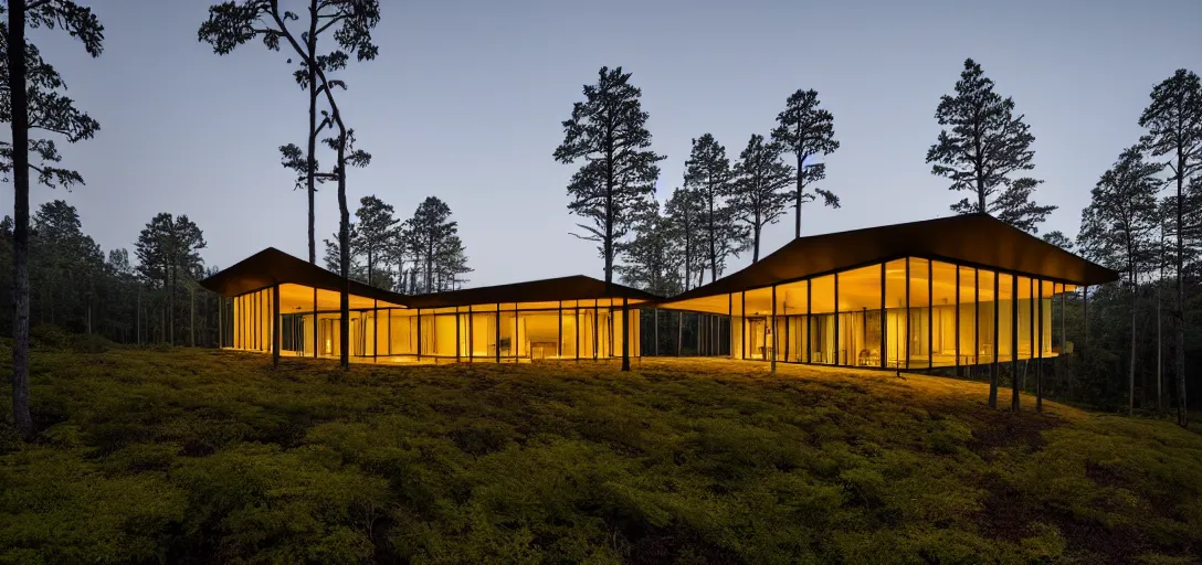 Prompt: faceted roof planes lift and descend creating shade and architectural expression, house, highly detailed, situated in the forest, next to a highly reflective lake, at dusk, vivid color, 4 k photography, mist, architecture luxury