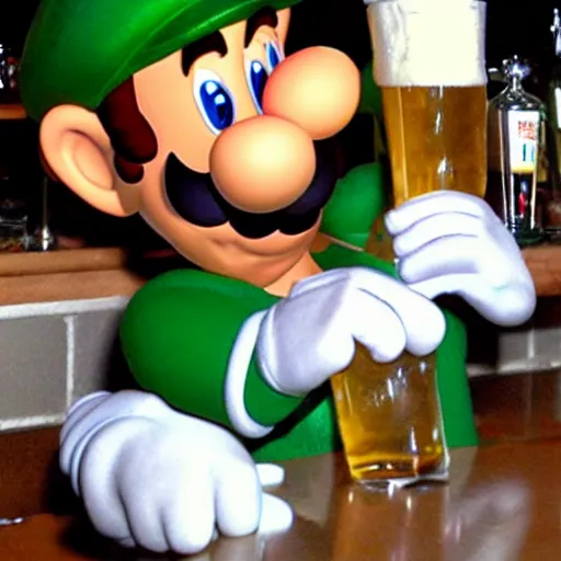 Image similar to luigi from super mario hanging at the bar and getting drunk with the boys, holding a large beer