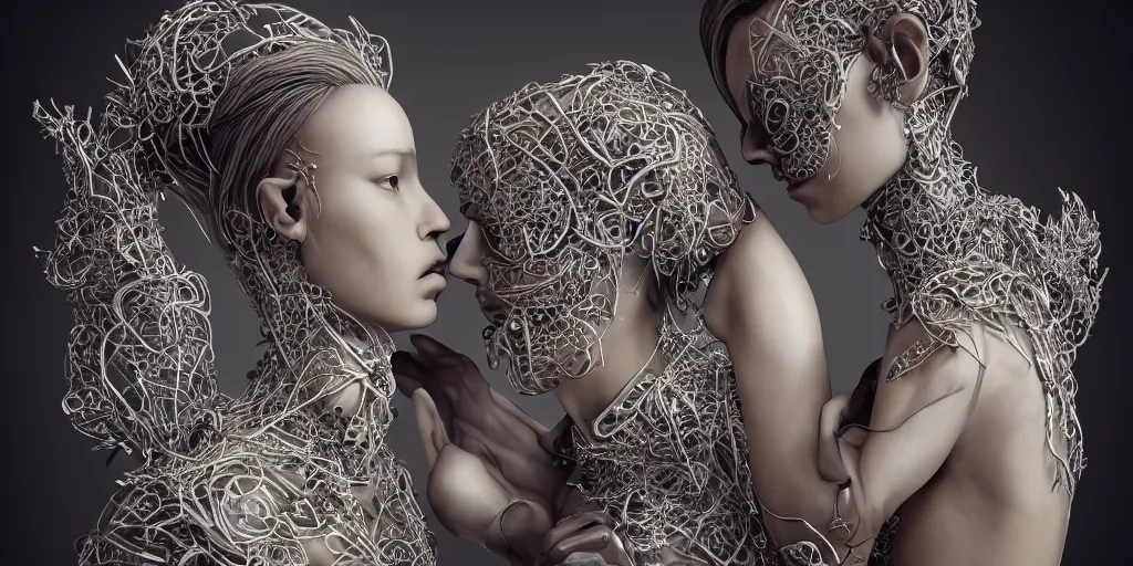 Image similar to realistic still life photography of a beautiful cyborg androgynous humanoid, holding close, affectionately, intricate filigree, in the style of beth cavener, jin kagetsu, wlop, highly detailed, symmetry, masterpiece, concept art, ringflash, highkey lighting, ambient lighting, octane render, 8 k, artstation