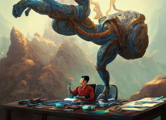 Image similar to an insanely detailed painting of an asian man wearing a homemade superhero costume, sitting at a desk, staring seriously at the computer and typing, in the style of peter mohrbacher, james jean, dramatic lighting and composition, surreal background, octane render, pixar, trending on artstation, concept art, comic book, view from behind, 8 k