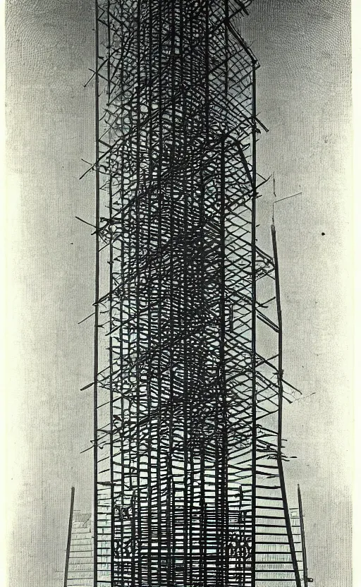 Prompt: a tower made of ladders, hugh ferriss