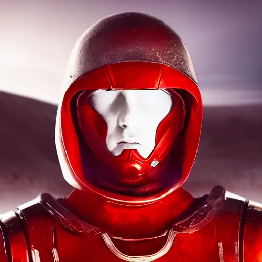 Prompt: headshot of a tall athletic muscular infantry man in glossy sleek white armor with tiny red details and a long red cape, heroic posture, strong jawline, on the surface of mars, night time, dramatic lighting, cinematic, sci-fi, hyperrealistic, godrays, diffused lighting, movie still