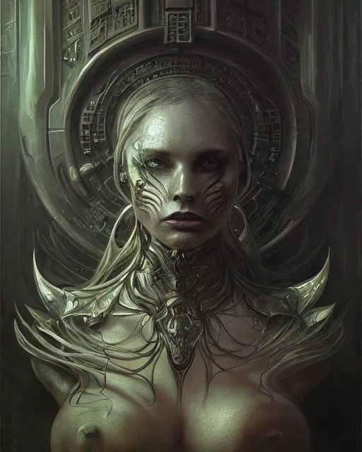 Image similar to art by giger, deep focus, d & d, dark & crreepy fantasy, intricate, elegant, highly detailed, digital painting, artstation, concept art, matte, sharp focus, illustration, hearthstone, art by artgerm and greg rutkowski and alphonse mucha