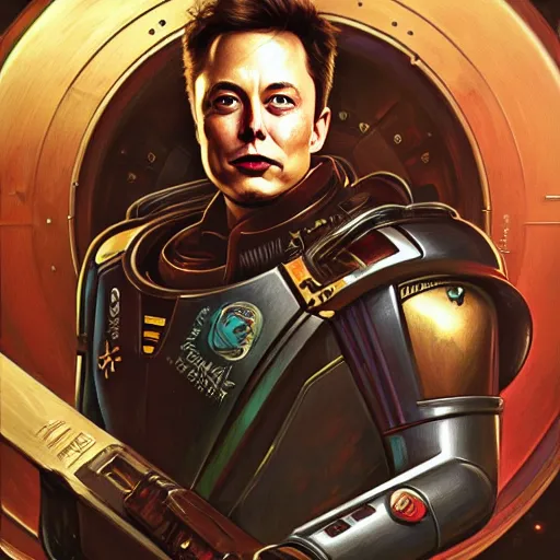 Prompt: portrait of elon musk as warhammer 4 0 k, highly detailed, digital painting, artstation, concept art, wallpaper, smooth, sharp focus, illustration, art by giger and artgerm and greg rutkowski and alphonse mucha