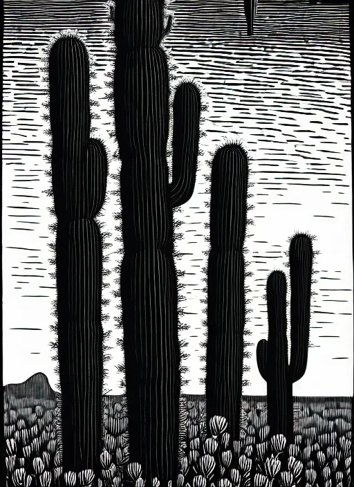 Prompt: art by brian reedy, a beautiful black ink linocut print of the giant cactus, midwest, high plains, 8 k, frostbite 3 engine, cryengine, ground level shot, dof, trending on artstation, digital art, crepuscular ray
