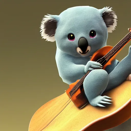 Prompt: Koala playing a guitar, by Miyazaki Nausicaa Ghibli, breath of the wild style, epic composition Trending on Artstation, octane render, Insanely Detailed, 8k, HD