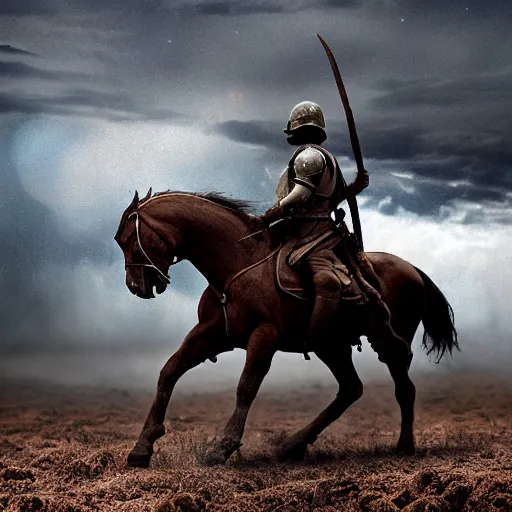 Prompt: a haunting hyper-realistic photograph of a tired spartan soldier riding a horse on the battlefield in the style of a photo-realistic, realistic photograph, moonlight, detailed, dark, ominous, threatening, haunting, forbidding, colorful, stormy, doom, apocalyptic, sinister, ghostly, unnerving, harrowing, dreadful ,frightful, shocking, terror, hideous, ghastly, terrifying