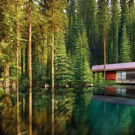 Image similar to a cabin in the woods, pine trees and a pond by Klaus Wittmann