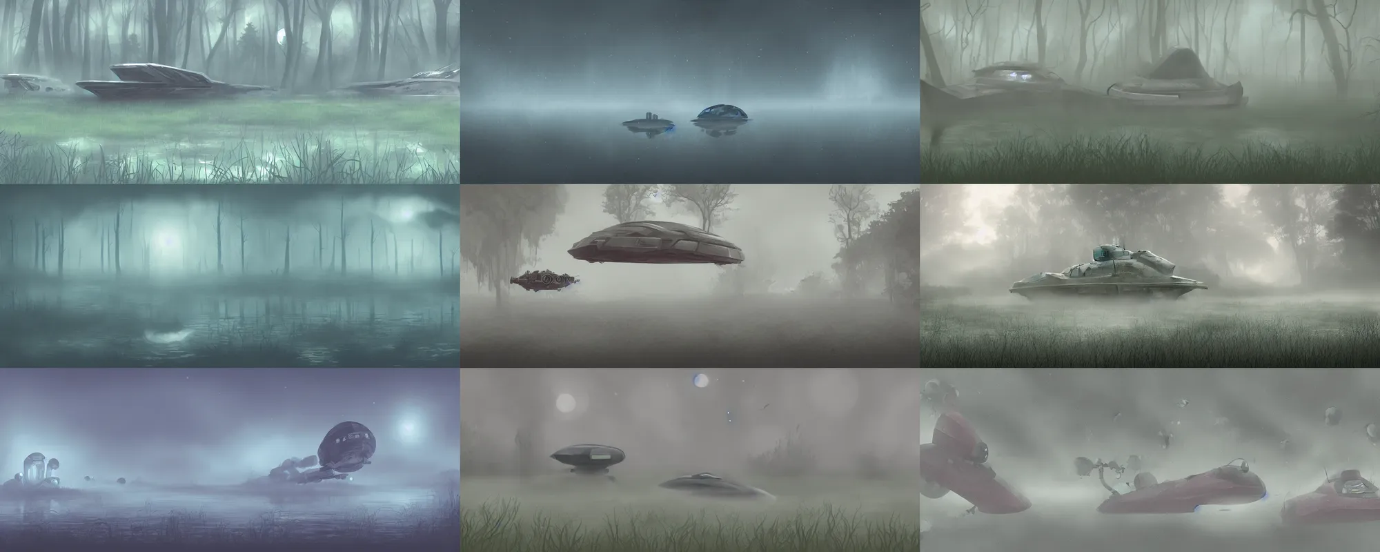 Prompt: illustration of a cute spaceship, foggy morning watery swamp