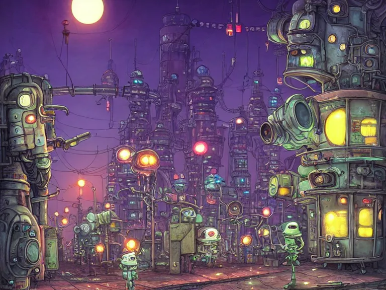 Image similar to fantasycore street view of futuristic machinarium tokyo at night by michael whelan and naomi okubo and dan mumford. cute ver.ka mecha machinarium robots. cel-shaded. glossy painting.