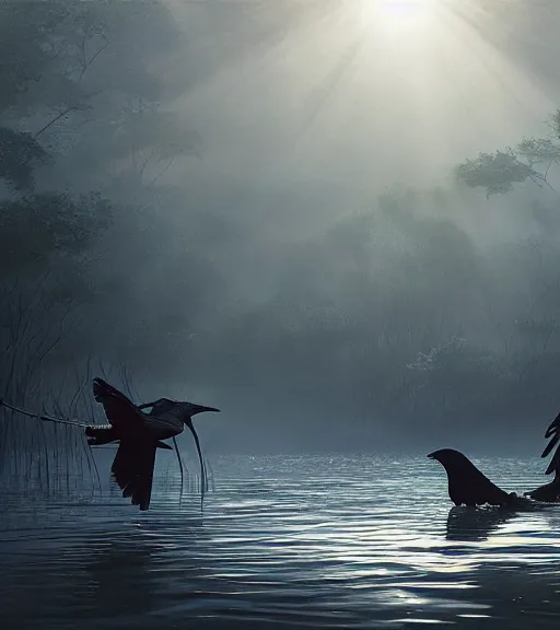 Image similar to three long legs crows in a little boat in a swamp, volumetric lighting, majestic light, octane render, ethereal glare of the sun, hyperrealistic, epic, masterpiece, by greg rutkowski