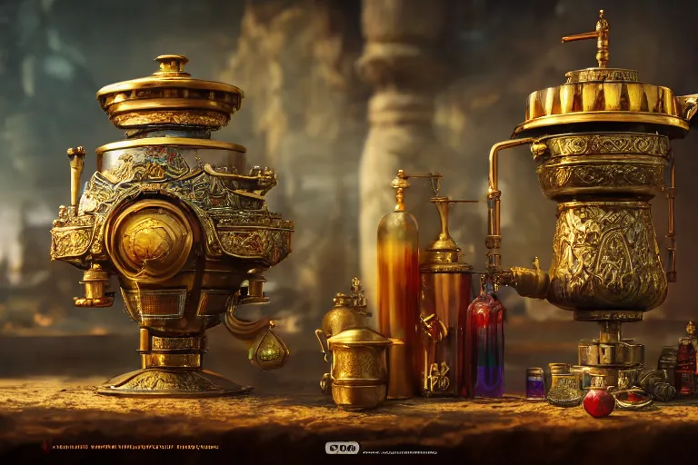 Image similar to a very detailed concept art of fantasy samovar, trending on artstation, digital art, 4 k, hyper realistic, octane render, sharp focus