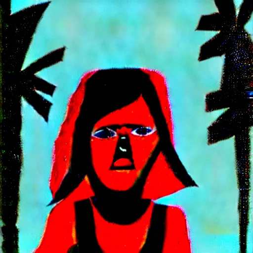 Image similar to a girl, north western indigenous art styles of belerose, desjarlais, robbie craig. girl running through a forest of totem poles, gray black white and red noir,