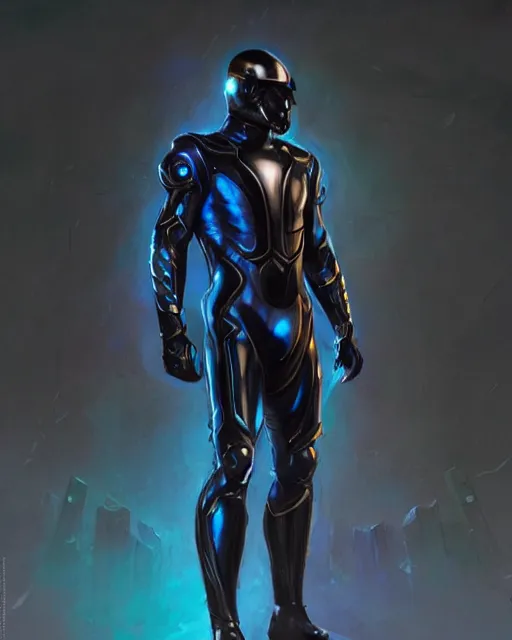 Image similar to character concept of iridescent sinewy smooth muscular male sleek glossy bluish black pearlescent scifi armor with smooth black featureless helmet, by greg rutkowski, mark brookes, jim burns, tom bagshaw, magali villeneuve, eve ventrue, trending on artstation