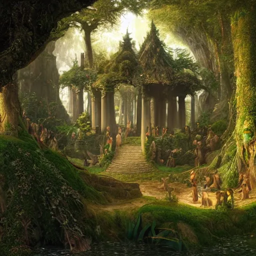 Image similar to a beautiful and highly detailed matte painting of a elven temple in a magical fantasy garden in a lush forest, elk, deer, intricate details, epic scale, insanely complex, 8 k, sharp focus, hyperrealism, very realistic, by caspar friedrich, albert bierstadt, james gurney, brian froud,