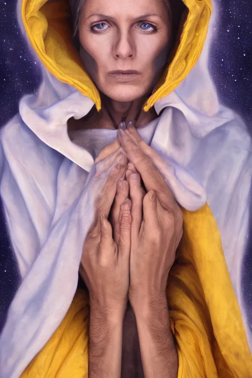 Prompt: transcendental meditation hooded robed cult woman, opening third eye, chakra energy waves resonating from her body, ethereal aura, epic surrealism 8k oil painting, portrait, perspective, high definition, post modernist layering, by Peter Kemp